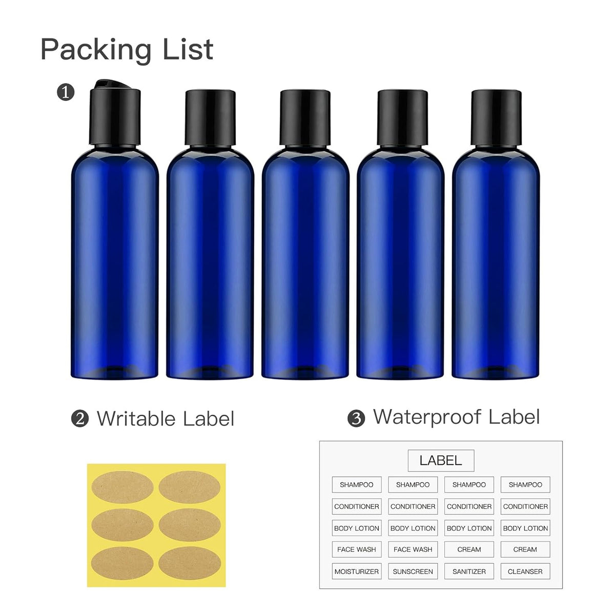 Travel Bottles for Toiletries 3.4 oz TSA Approved - 5 Pack Leak Proof Travel Size Containers, Clear Squeezable Plastic Bottles with Labels for Shampoo Lotion, Flight Cruise Gym Essentials