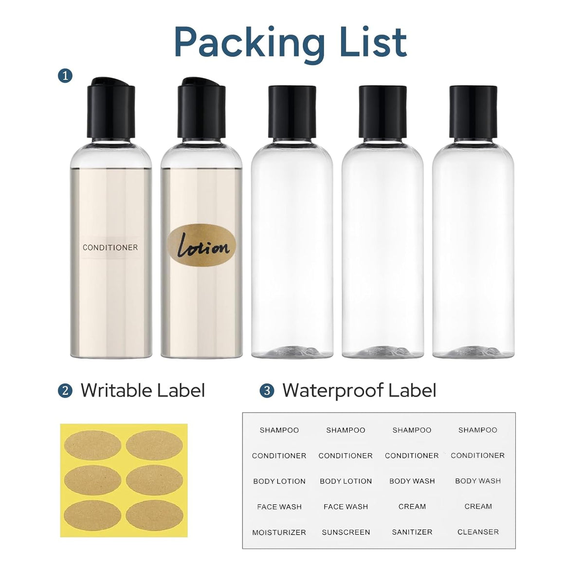 Travel Bottles for Toiletries 3.4 oz TSA Approved - 5 Pack Leak Proof Travel Size Containers, Clear Squeezable Plastic Bottles with Labels for Shampoo Lotion, Flight Cruise Gym Essentials