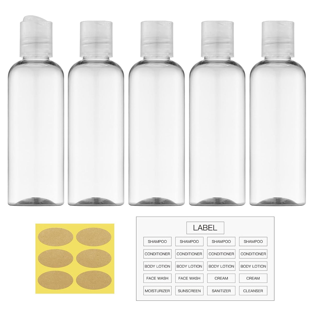Travel Bottles for Toiletries 3.4 oz TSA Approved - 5 Pack Leak Proof Travel Size Containers, Clear Squeezable Plastic Bottles with Labels for Shampoo Lotion, Flight Cruise Gym Essentials