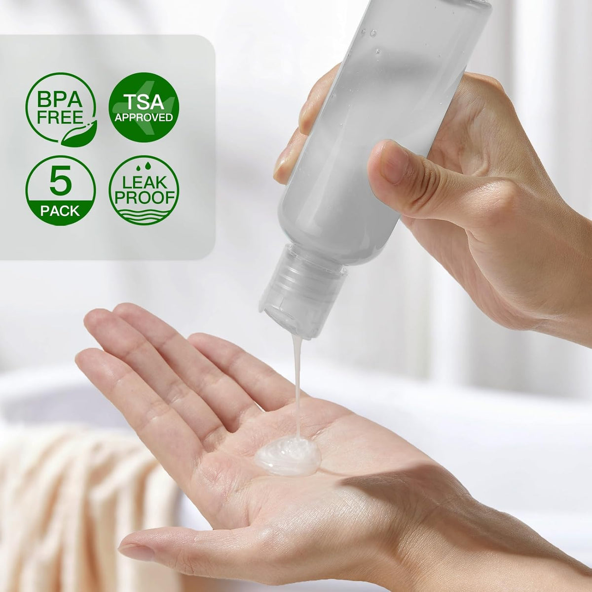 Travel Bottles for Toiletries 3.4 oz TSA Approved - 5 Pack Leak Proof Travel Size Containers, Clear Squeezable Plastic Bottles with Labels for Shampoo Lotion, Flight Cruise Gym Essentials
