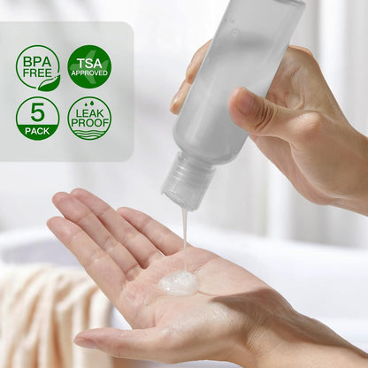 Travel Bottles for Toiletries 3.4 oz TSA Approved - 5 Pack Leak Proof Travel Size Containers, Clear Squeezable Plastic Bottles with Labels for Shampoo Lotion, Flight Cruise Gym Essentials