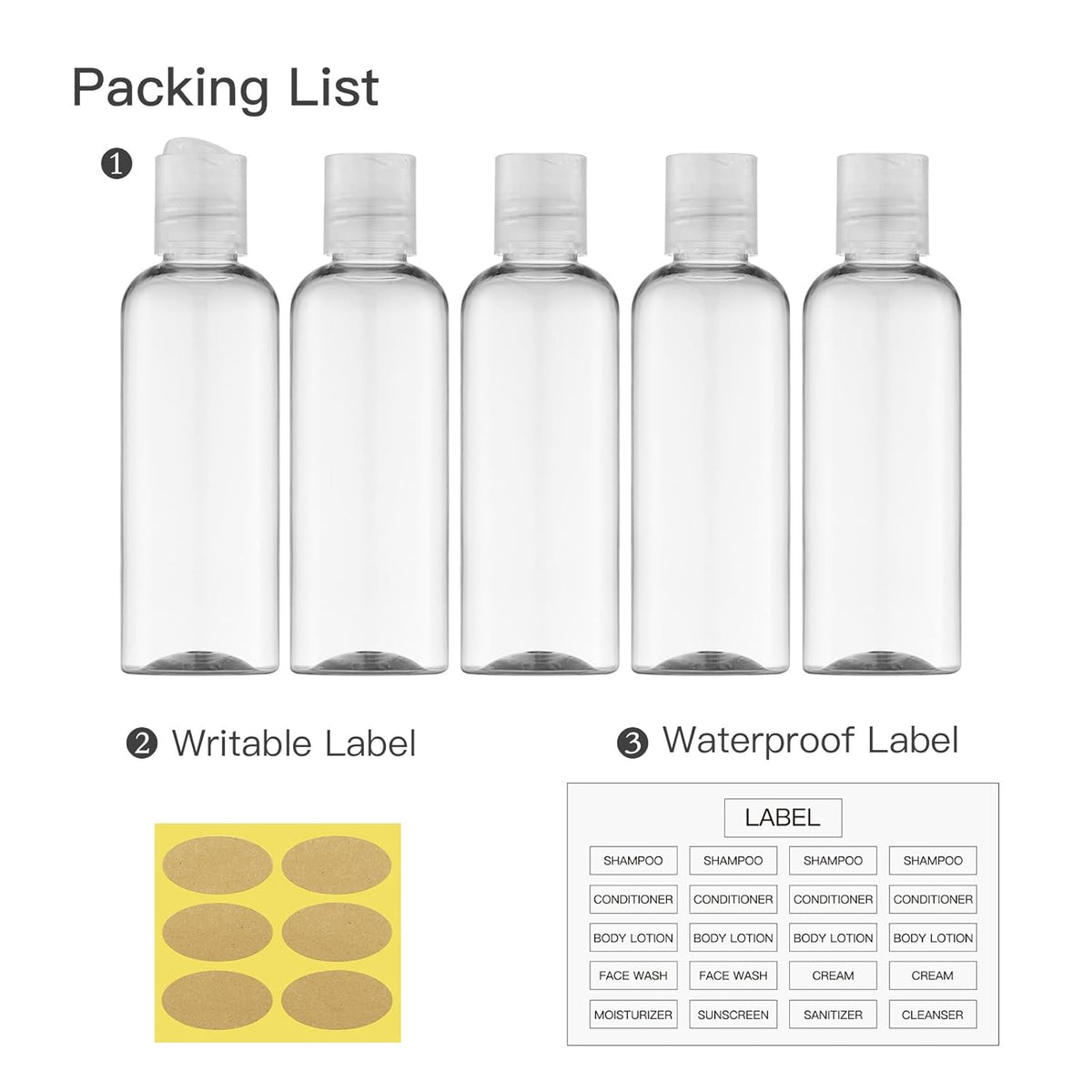Travel Bottles for Toiletries 3.4 oz TSA Approved - 5 Pack Leak Proof Travel Size Containers, Clear Squeezable Plastic Bottles with Labels for Shampoo Lotion, Flight Cruise Gym Essentials