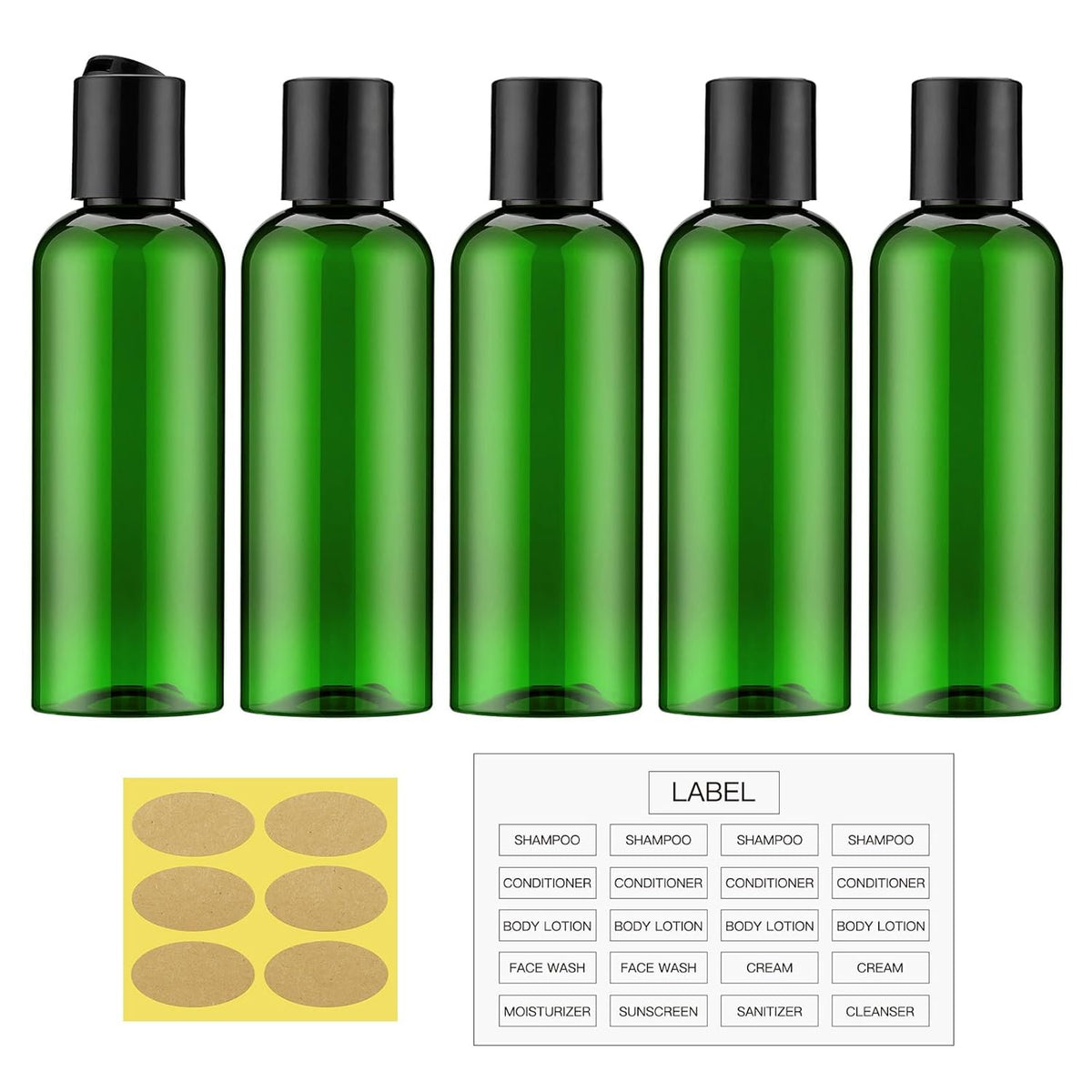 Travel Bottles for Toiletries 3.4 oz TSA Approved - 5 Pack Leak Proof Travel Size Containers, Clear Squeezable Plastic Bottles with Labels for Shampoo Lotion, Flight Cruise Gym Essentials