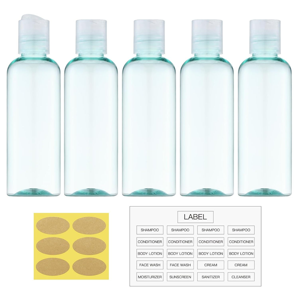 Travel Bottles for Toiletries 3.4 oz TSA Approved - 5 Pack Leak Proof Travel Size Containers, Clear Squeezable Plastic Bottles with Labels for Shampoo Lotion, Flight Cruise Gym Essentials