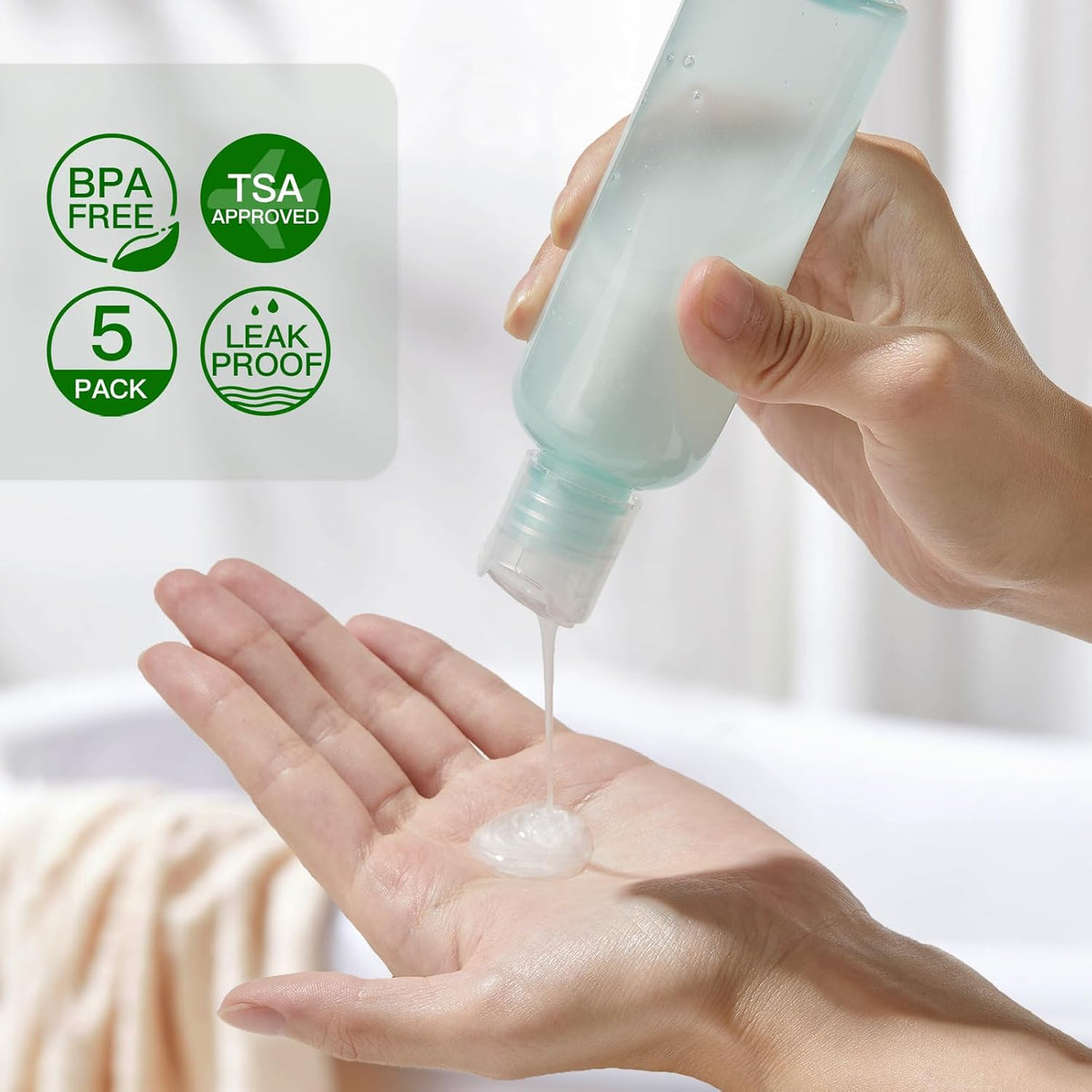Travel Bottles for Toiletries 3.4 oz TSA Approved - 5 Pack Leak Proof Travel Size Containers, Clear Squeezable Plastic Bottles with Labels for Shampoo Lotion, Flight Cruise Gym Essentials