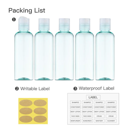Travel Bottles for Toiletries 3.4 oz TSA Approved - 5 Pack Leak Proof Travel Size Containers, Clear Squeezable Plastic Bottles with Labels for Shampoo Lotion, Flight Cruise Gym Essentials
