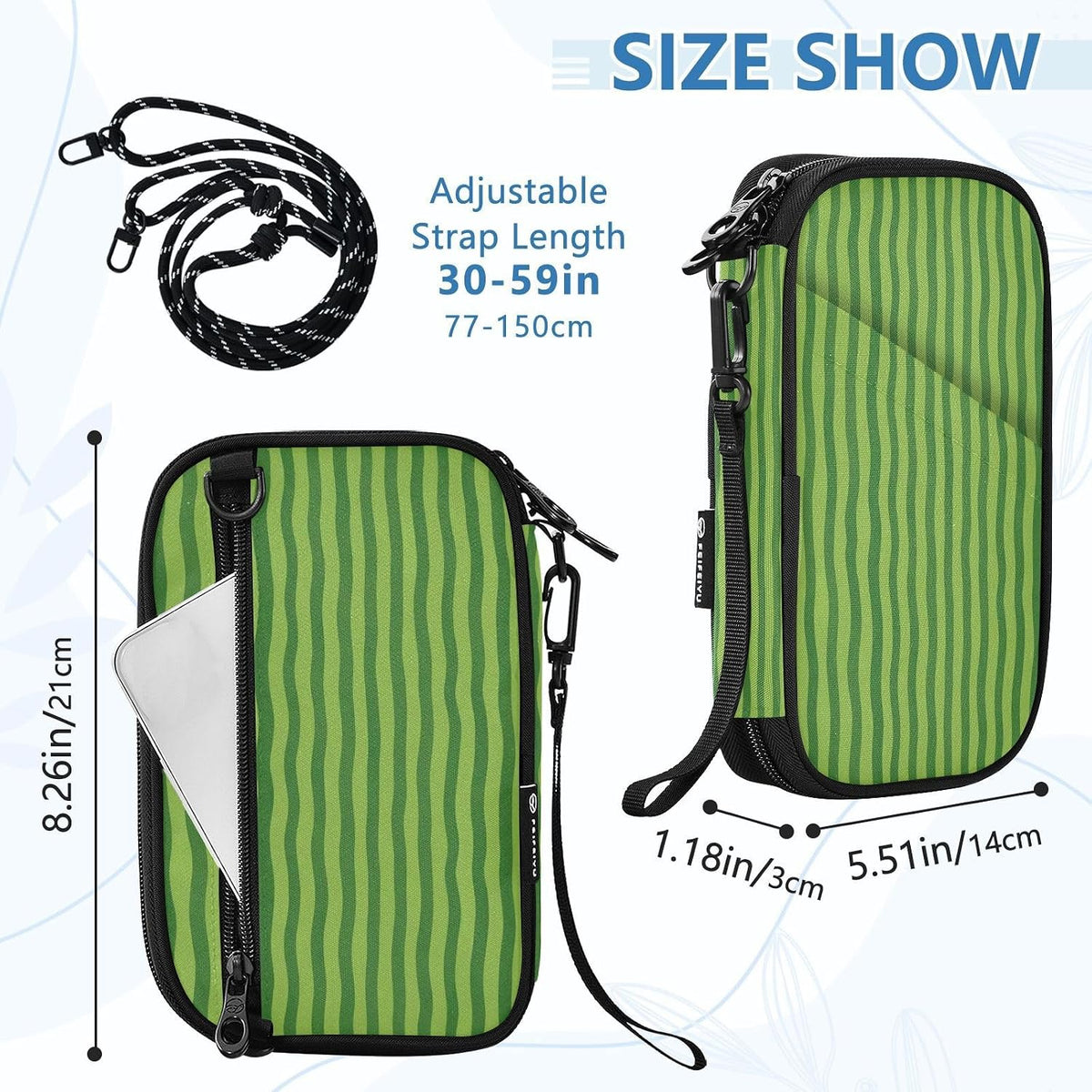 Travel Doc Organizer 21×14×3 CM | Scratch Resistant Polyester Multi Pockets Multi-Way Carry for Men Women Vacation Green Wavy Stripe