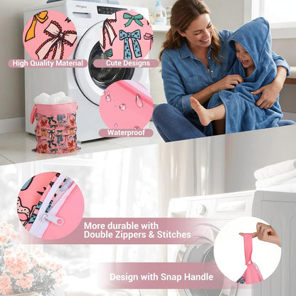 2 Pcs Large Travel Laundry Bags with Pink Bow Foldable Waterproof Washable Wet Dry Bag Dirty Clothes Bags for Traveling Swimsuit Workout Bag for Gym Cloth Laundry Wet Clothes Swimming Pool Yoga