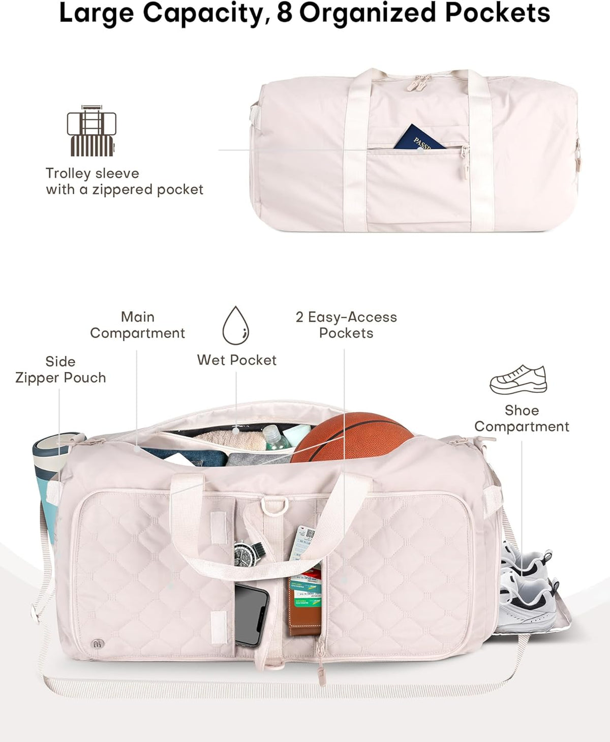 Large Duffle Bag for Women & Men, 40L Foldable Weekender Bag with Shoe Compartment and Wet Pocket, Waterproof Travel Duffel Bags for Gym Overnight Camping, Black