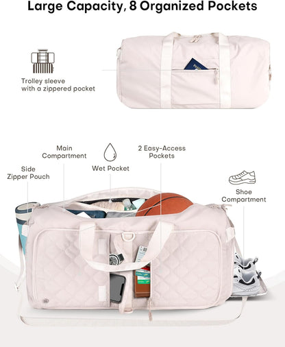 Large Duffle Bag for Women & Men, 40L Foldable Weekender Bag with Shoe Compartment and Wet Pocket, Waterproof Travel Duffel Bags for Gym Overnight Camping, Black