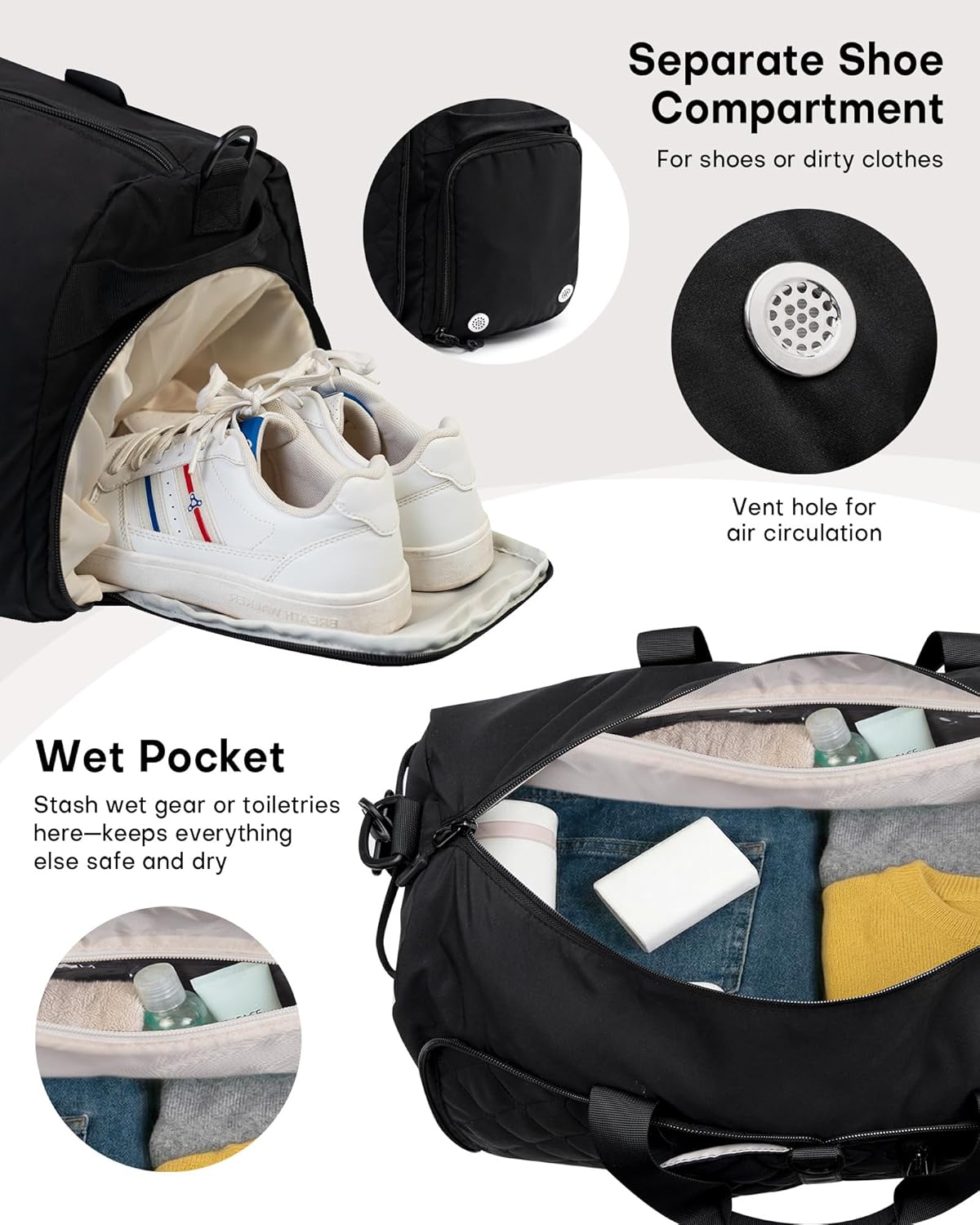 Large Duffle Bag for Women & Men, 40L Foldable Weekender Bag with Shoe Compartment and Wet Pocket, Waterproof Travel Duffel Bags for Gym Overnight Camping, Black
