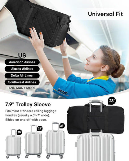 Large Duffle Bag for Women & Men, 40L Foldable Weekender Bag with Shoe Compartment and Wet Pocket, Waterproof Travel Duffel Bags for Gym Overnight Camping, Black