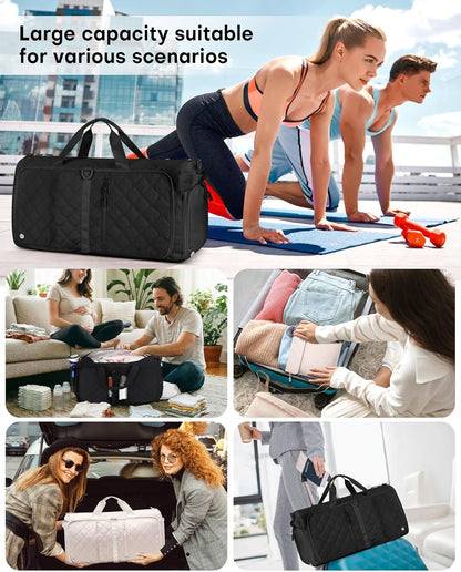 Large Duffle Bag for Women & Men, 40L Foldable Weekender Bag with Shoe Compartment and Wet Pocket, Waterproof Travel Duffel Bags for Gym Overnight Camping, Black