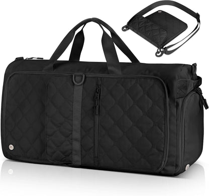 Large Duffle Bag for Women & Men, 40L Foldable Weekender Bag with Shoe Compartment and Wet Pocket, Waterproof Travel Duffel Bags for Gym Overnight Camping, Black