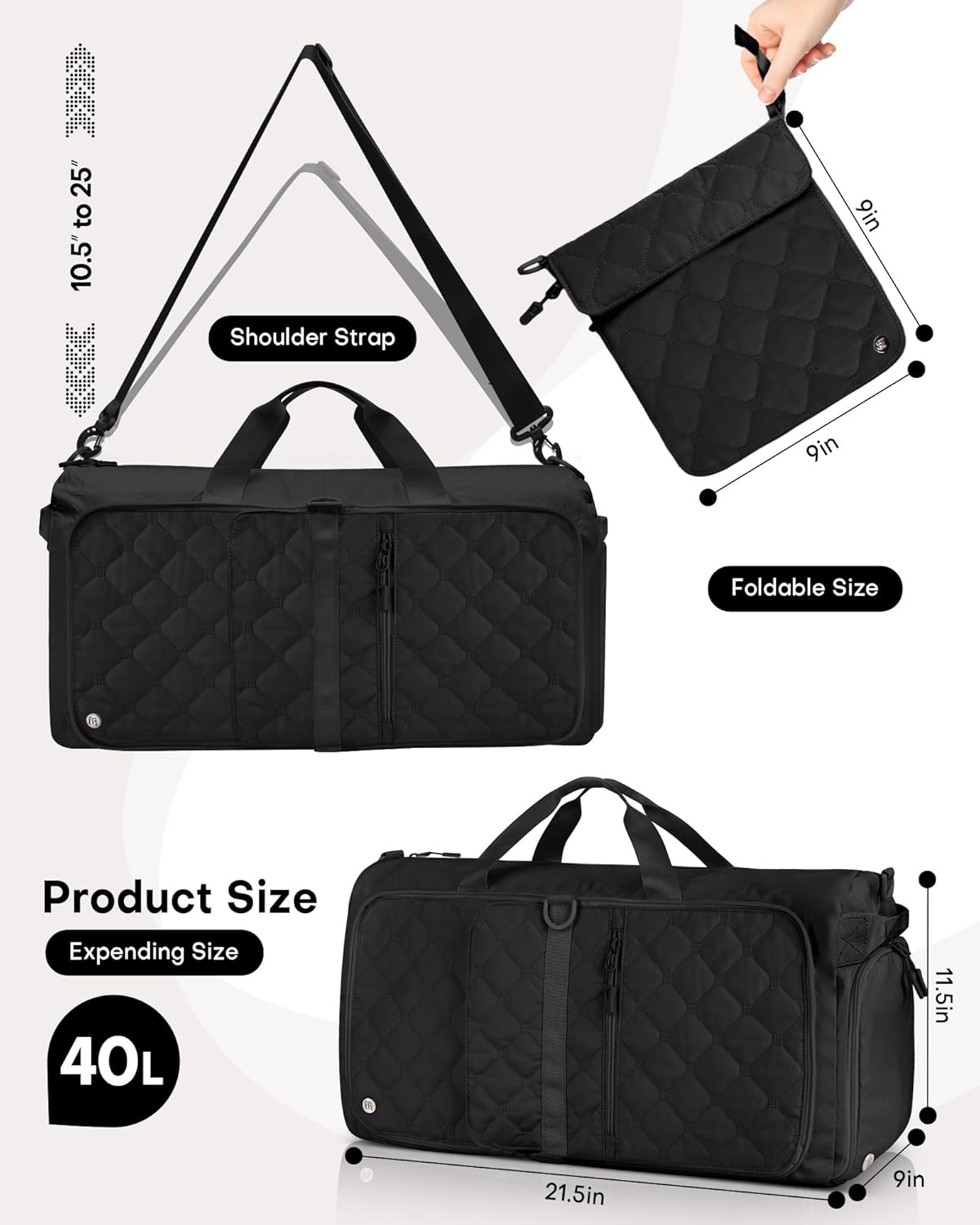 Large Duffle Bag for Women & Men, 40L Foldable Weekender Bag with Shoe Compartment and Wet Pocket, Waterproof Travel Duffel Bags for Gym Overnight Camping, Black