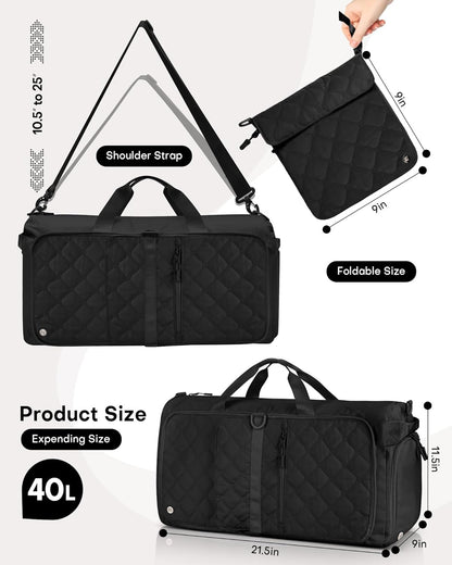 Large Duffle Bag for Women & Men, 40L Foldable Weekender Bag with Shoe Compartment and Wet Pocket, Waterproof Travel Duffel Bags for Gym Overnight Camping, Black