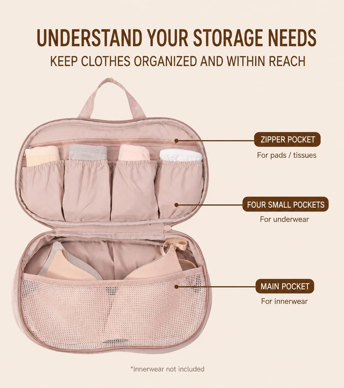 Travel Lingerie Organizer Bag with Structured Bra Protection, Portable Underwear Storage Case with Compartments, Large Capacity Packing Organizer for Travel & Suitcase
