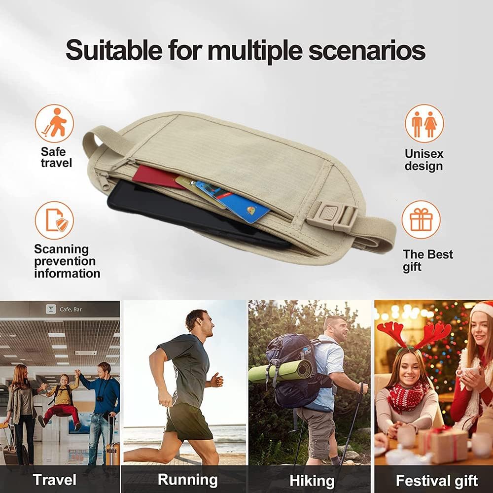 Secure Travel Money Belt, Anti-Theft Passport Holder Travel Wallet for Men Women, Hidden Under Clothes Belt Wallet, Security Travel Pouch, Waterproof Waist Bumbag for Money, Cards and Keys