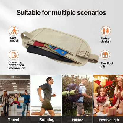 Secure Travel Money Belt, Anti-Theft Passport Holder Travel Wallet for Men Women, Hidden Under Clothes Belt Wallet, Security Travel Pouch, Waterproof Waist Bumbag for Money, Cards and Keys