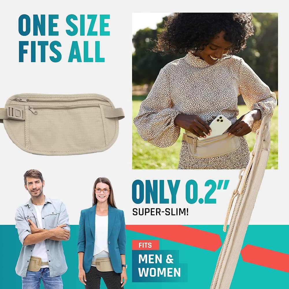 Secure Travel Money Belt, Anti-Theft Passport Holder Travel Wallet for Men Women, Hidden Under Clothes Belt Wallet, Security Travel Pouch, Waterproof Waist Bumbag for Money, Cards and Keys