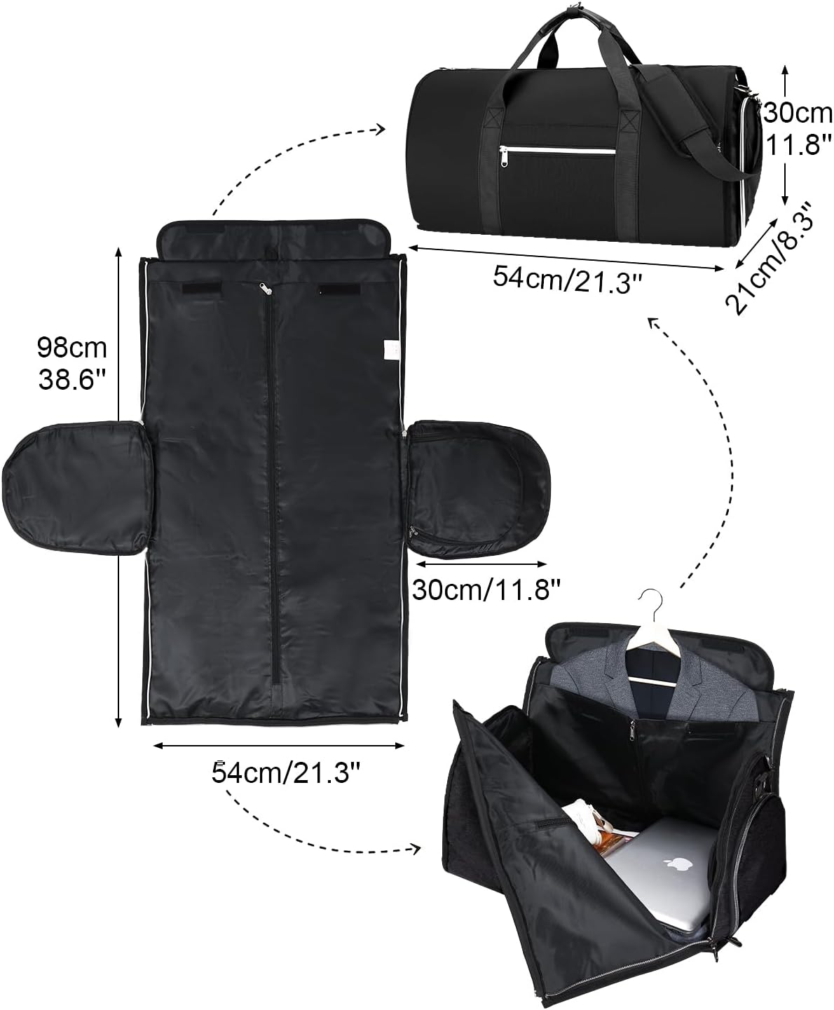 Convertible Garment Bag with Shoe Compartment & Wet Pocket for Men Women, Hanging Suitcase Organizer Bag with Shoulder Strap, Carry on Personal Item Bags for Airplane, Black
