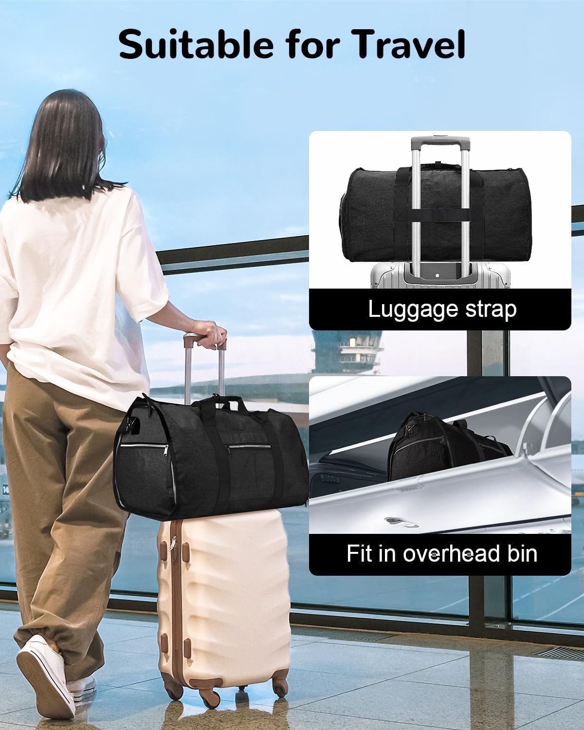 Convertible Garment Bag with Shoe Compartment & Wet Pocket for Men Women, Hanging Suitcase Organizer Bag with Shoulder Strap, Carry on Personal Item Bags for Airplane, Black