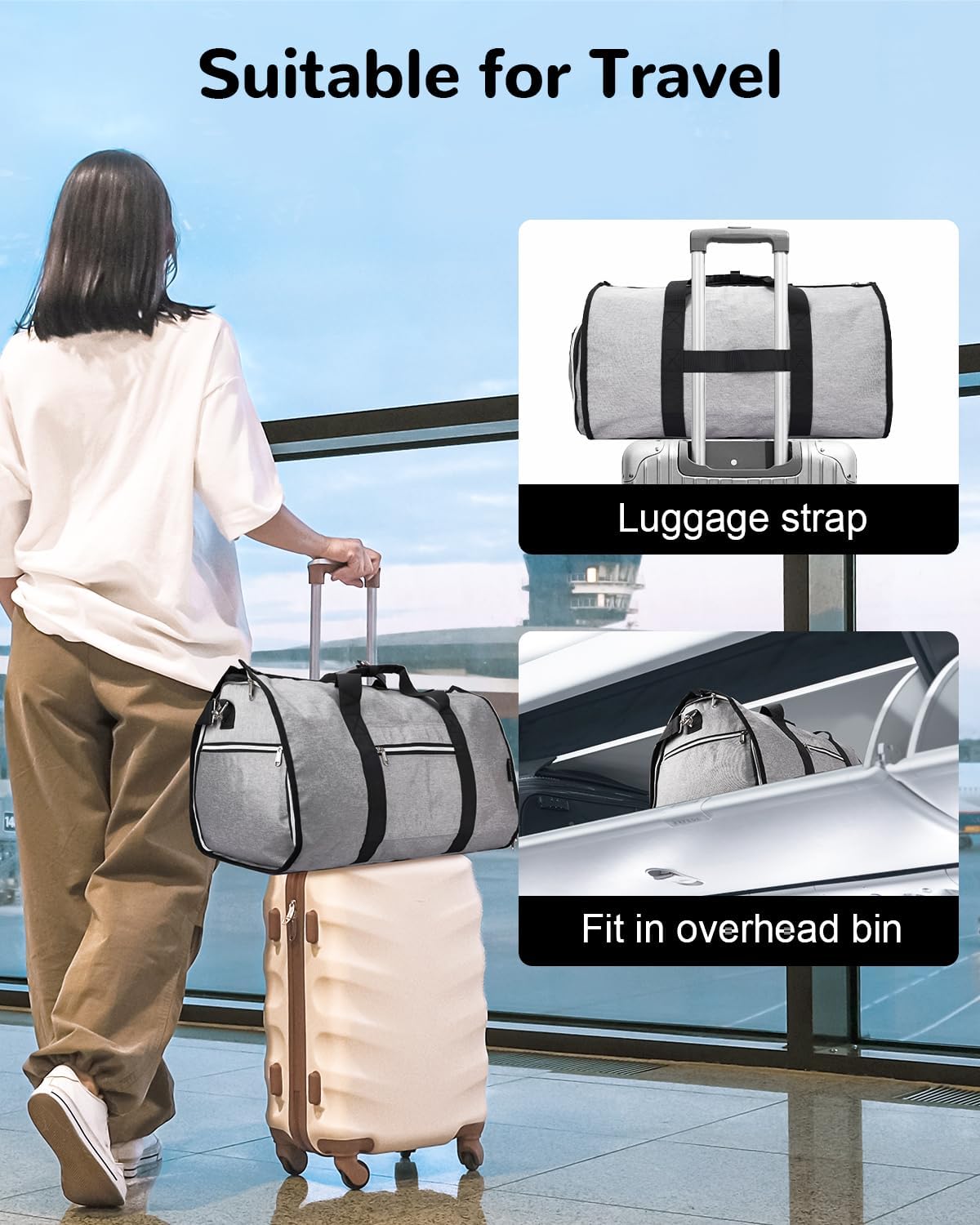 Convertible Garment Bag with Shoe Compartment & Wet Pocket for Men Women, Hanging Suitcase Organizer Bag with Shoulder Strap, Carry on Personal Item Bags for Airplane, Black
