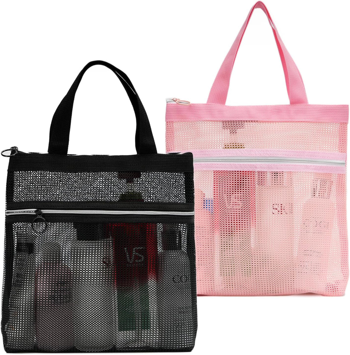 Mesh Shower Caddy Bag Portable Small Hanging Toiletry Tote Bag for Gym Travel Beach Bathroom Sunscreen (Pink)