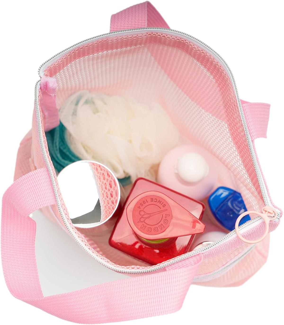 Mesh Shower Caddy Bag Portable Small Hanging Toiletry Tote Bag for Gym Travel Beach Bathroom Sunscreen (Pink)