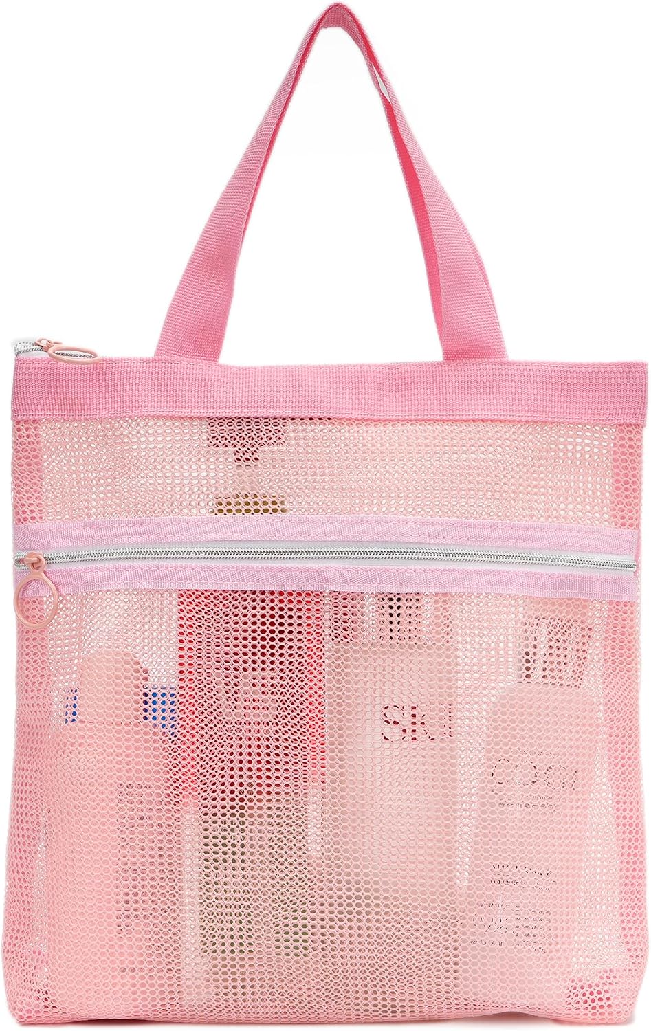 Mesh Shower Caddy Bag Portable Small Hanging Toiletry Tote Bag for Gym Travel Beach Bathroom Sunscreen (Pink)
