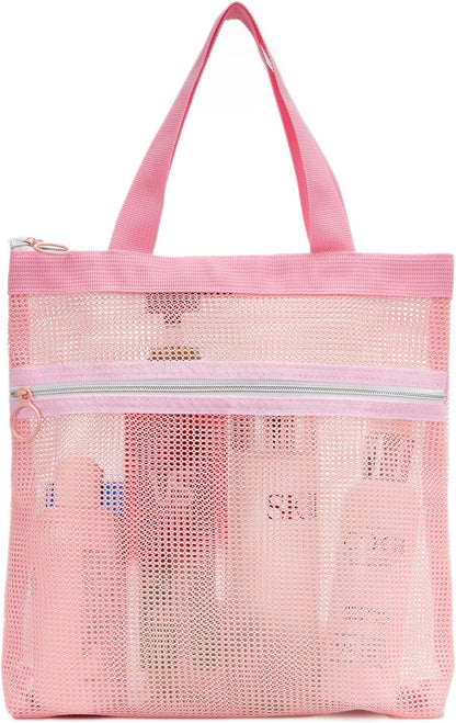 Mesh Shower Caddy Bag Portable Small Hanging Toiletry Tote Bag for Gym Travel Beach Bathroom Sunscreen (Pink)