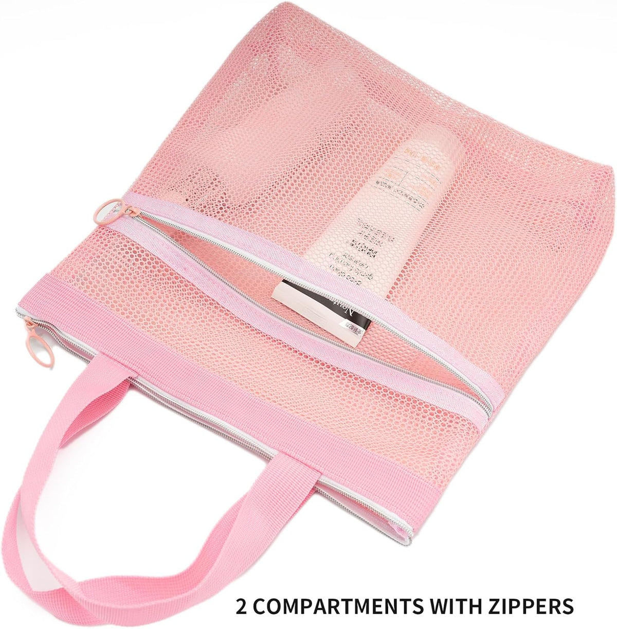 Mesh Shower Caddy Bag Portable Small Hanging Toiletry Tote Bag for Gym Travel Beach Bathroom Sunscreen (Pink)