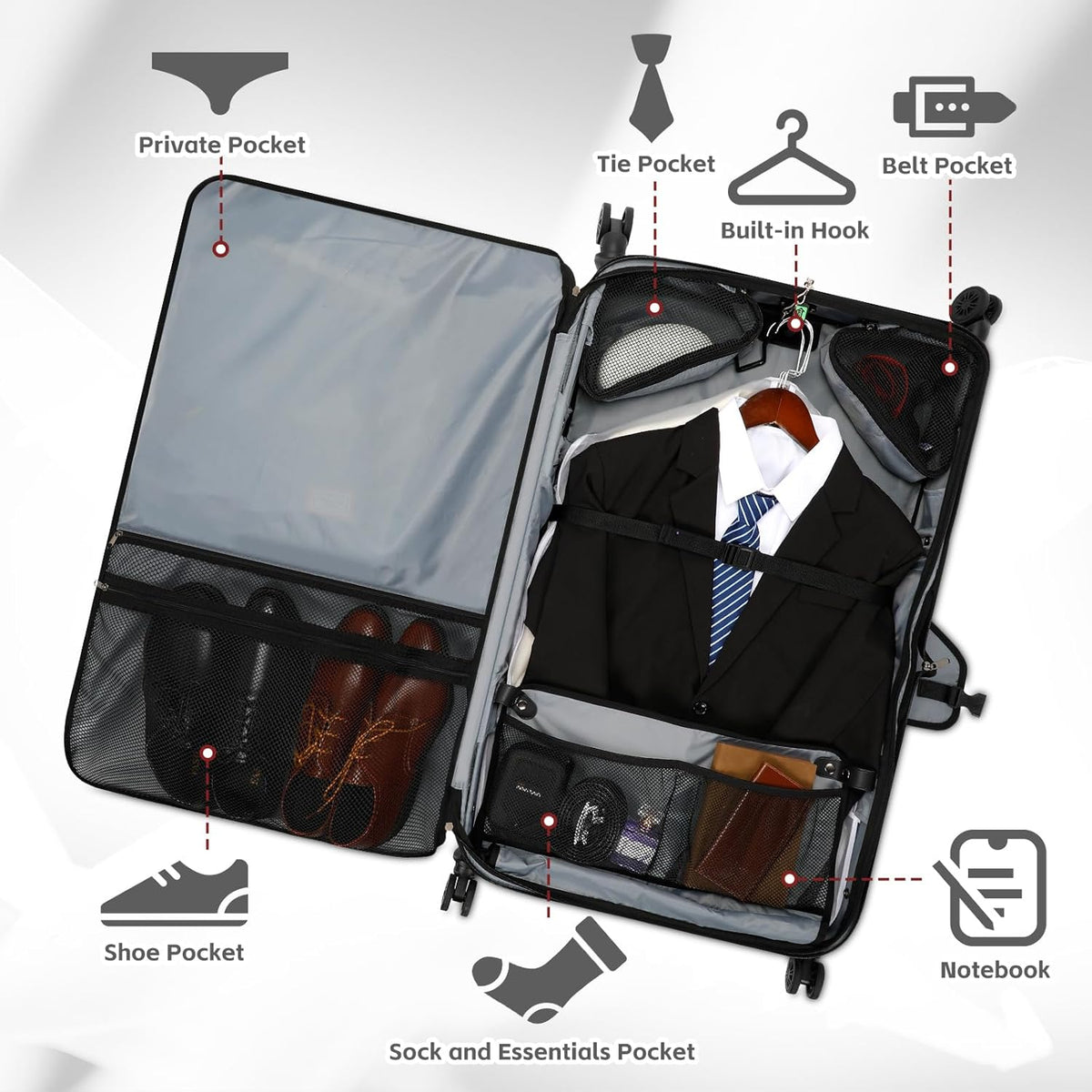 22 Inch Rolling Garment Bags for Business Trips | built-in hanging clothes, 4 spinner wheels, carry on luggage, men women, for business travel