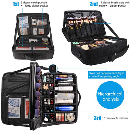 Large Makeup Case, 3 Layers Makeup Bag Cosmetic Organizer Brush Bag Barber Train Case Makeup Artist Box for Hair Curler Hair Straightener Brush Set and Cosmetics