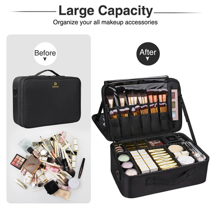 Large Makeup Case, 3 Layers Makeup Bag Cosmetic Organizer Brush Bag Barber Train Case Makeup Artist Box for Hair Curler Hair Straightener Brush Set and Cosmetics