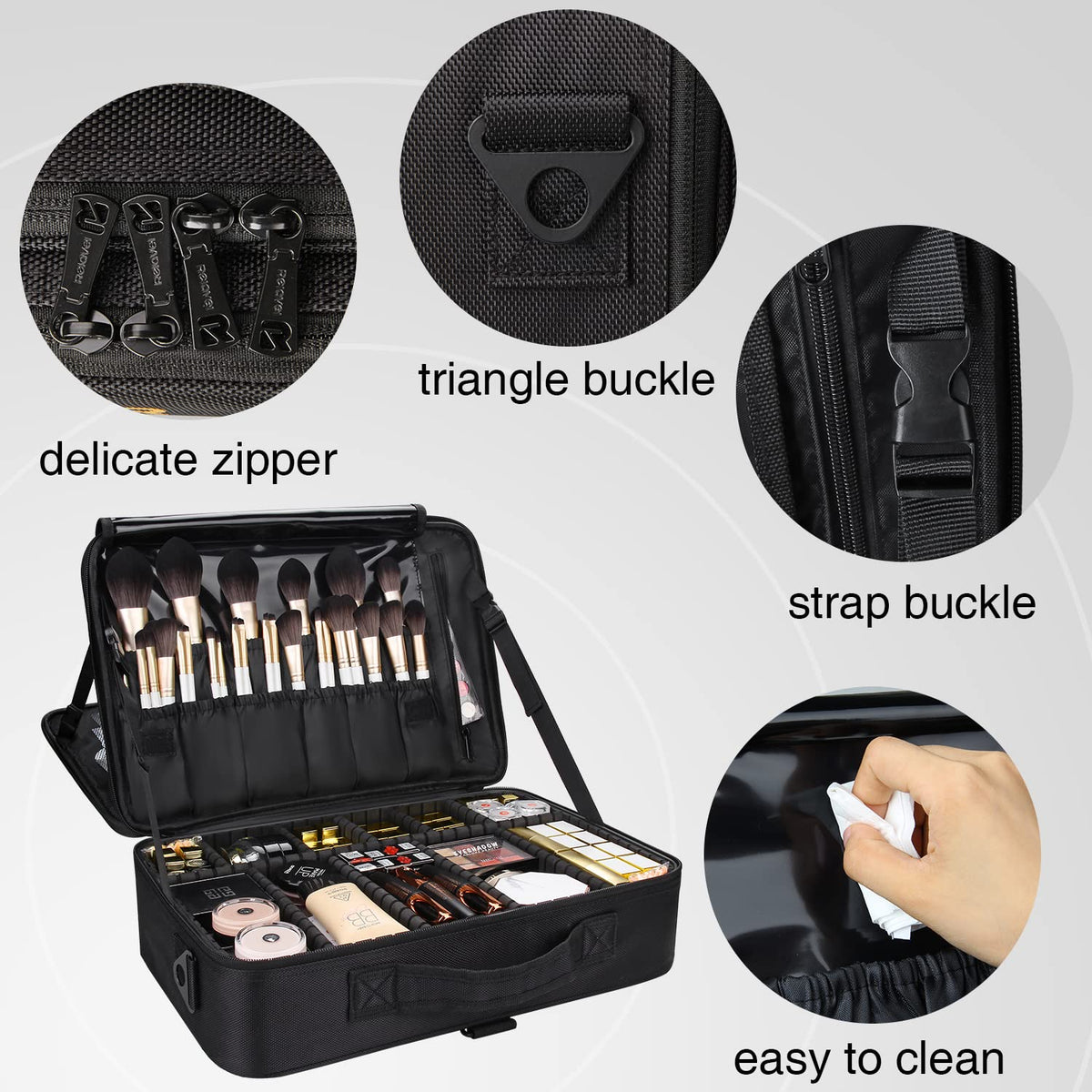 Large Makeup Case, 3 Layers Makeup Bag Cosmetic Organizer Brush Bag Barber Train Case Makeup Artist Box for Hair Curler Hair Straightener Brush Set and Cosmetics