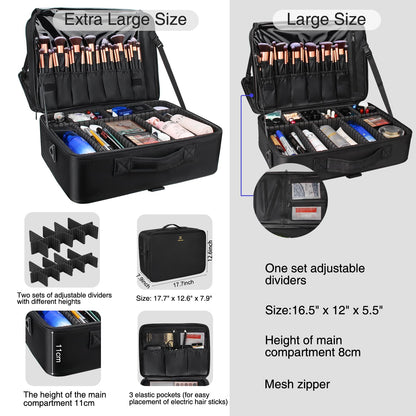 Large Makeup Case, 3 Layers Makeup Bag Cosmetic Organizer Brush Bag Barber Train Case Makeup Artist Box for Hair Curler Hair Straightener Brush Set and Cosmetics