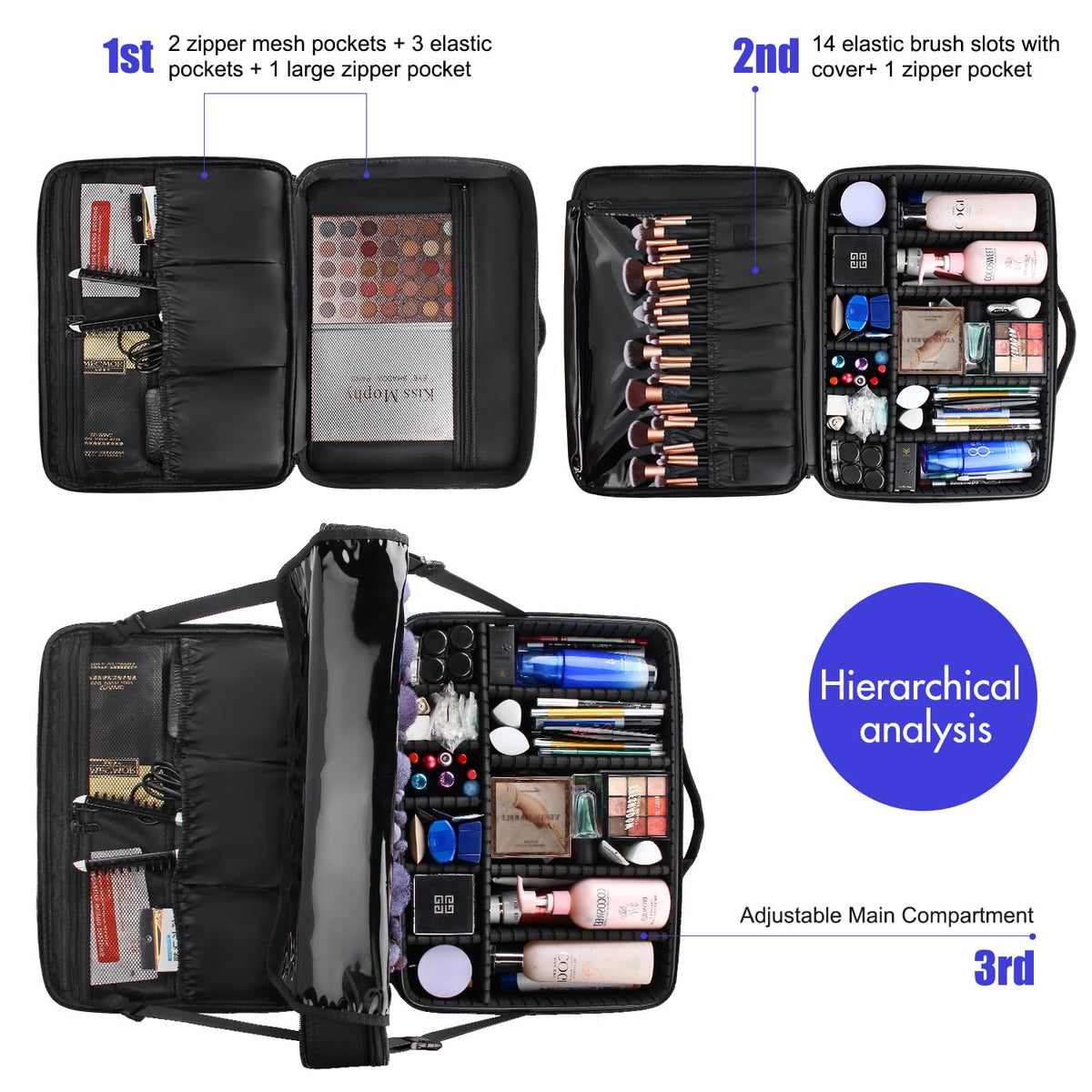 Large Makeup Case, 3 Layers Makeup Bag Cosmetic Organizer Brush Bag Barber Train Case Makeup Artist Box for Hair Curler Hair Straightener Brush Set and Cosmetics