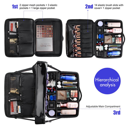 Large Makeup Case, 3 Layers Makeup Bag Cosmetic Organizer Brush Bag Barber Train Case Makeup Artist Box for Hair Curler Hair Straightener Brush Set and Cosmetics
