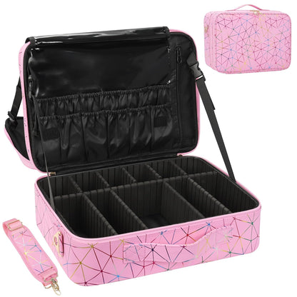 Large Makeup Case, 3 Layers Makeup Bag Cosmetic Organizer Brush Bag Barber Train Case Makeup Artist Box for Hair Curler Hair Straightener Brush Set and Cosmetics