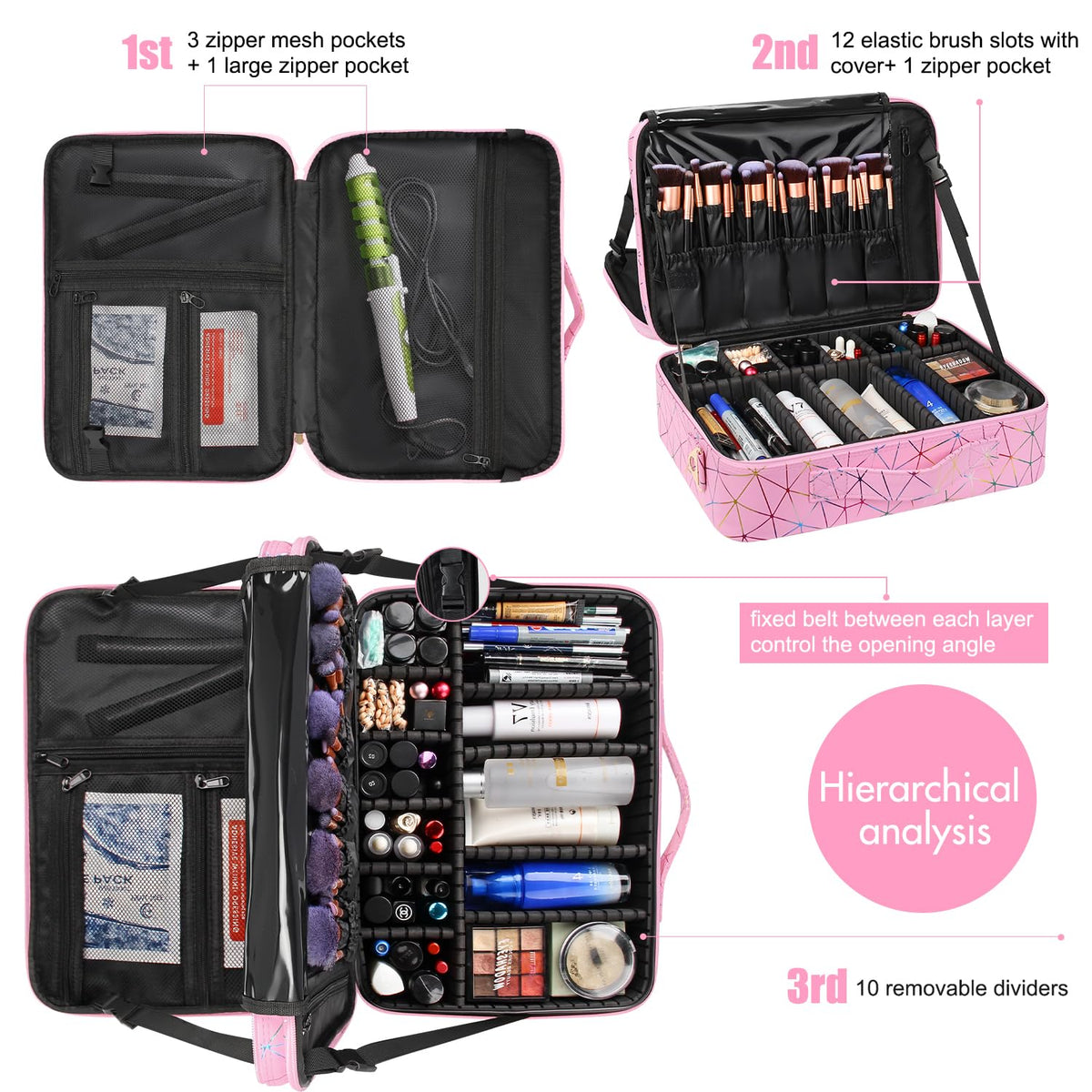 Large Makeup Case, 3 Layers Makeup Bag Cosmetic Organizer Brush Bag Barber Train Case Makeup Artist Box for Hair Curler Hair Straightener Brush Set and Cosmetics
