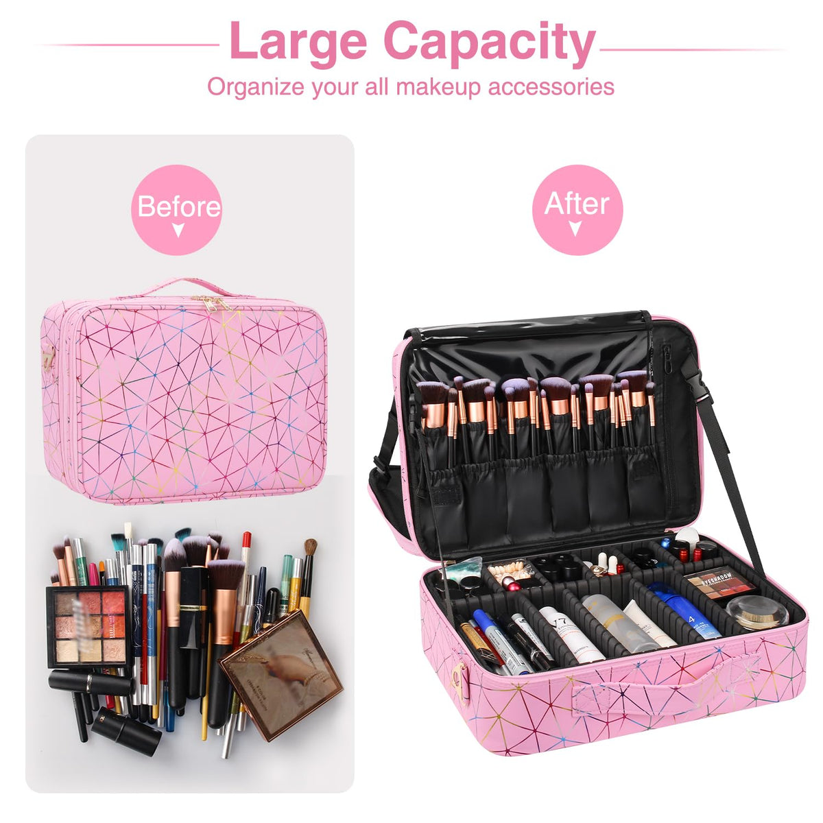 Large Makeup Case, 3 Layers Makeup Bag Cosmetic Organizer Brush Bag Barber Train Case Makeup Artist Box for Hair Curler Hair Straightener Brush Set and Cosmetics