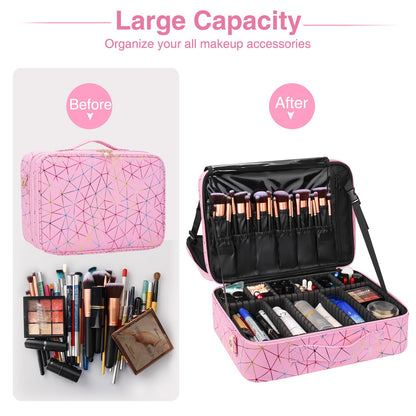 Large Makeup Case, 3 Layers Makeup Bag Cosmetic Organizer Brush Bag Barber Train Case Makeup Artist Box for Hair Curler Hair Straightener Brush Set and Cosmetics
