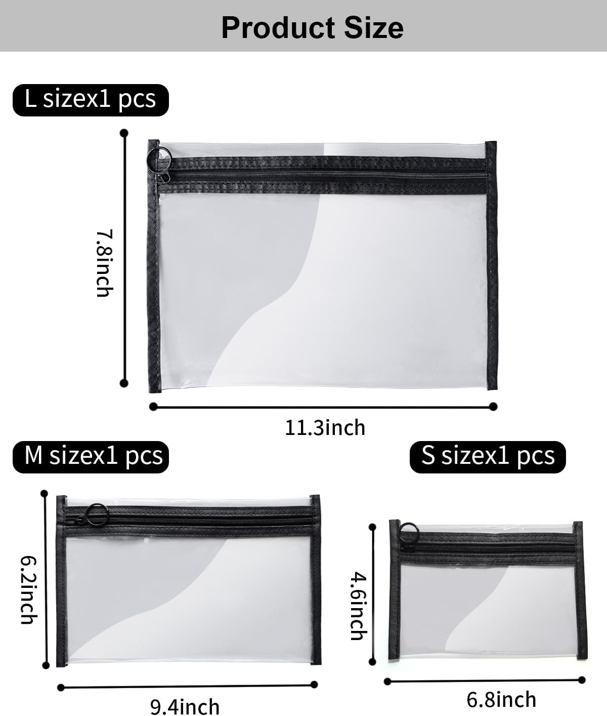 Clear Makeup Bags, 3 Pack Small Cosmetic Toiletry Bags with Zipper, PVC Clear Travel Bags for Women and Men Travel Airport Organizing, Black