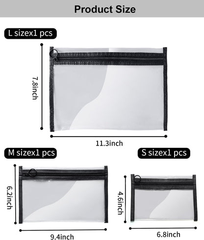 Clear Makeup Bags, 3 Pack Small Cosmetic Toiletry Bags with Zipper, PVC Clear Travel Bags for Women and Men Travel Airport Organizing, Black