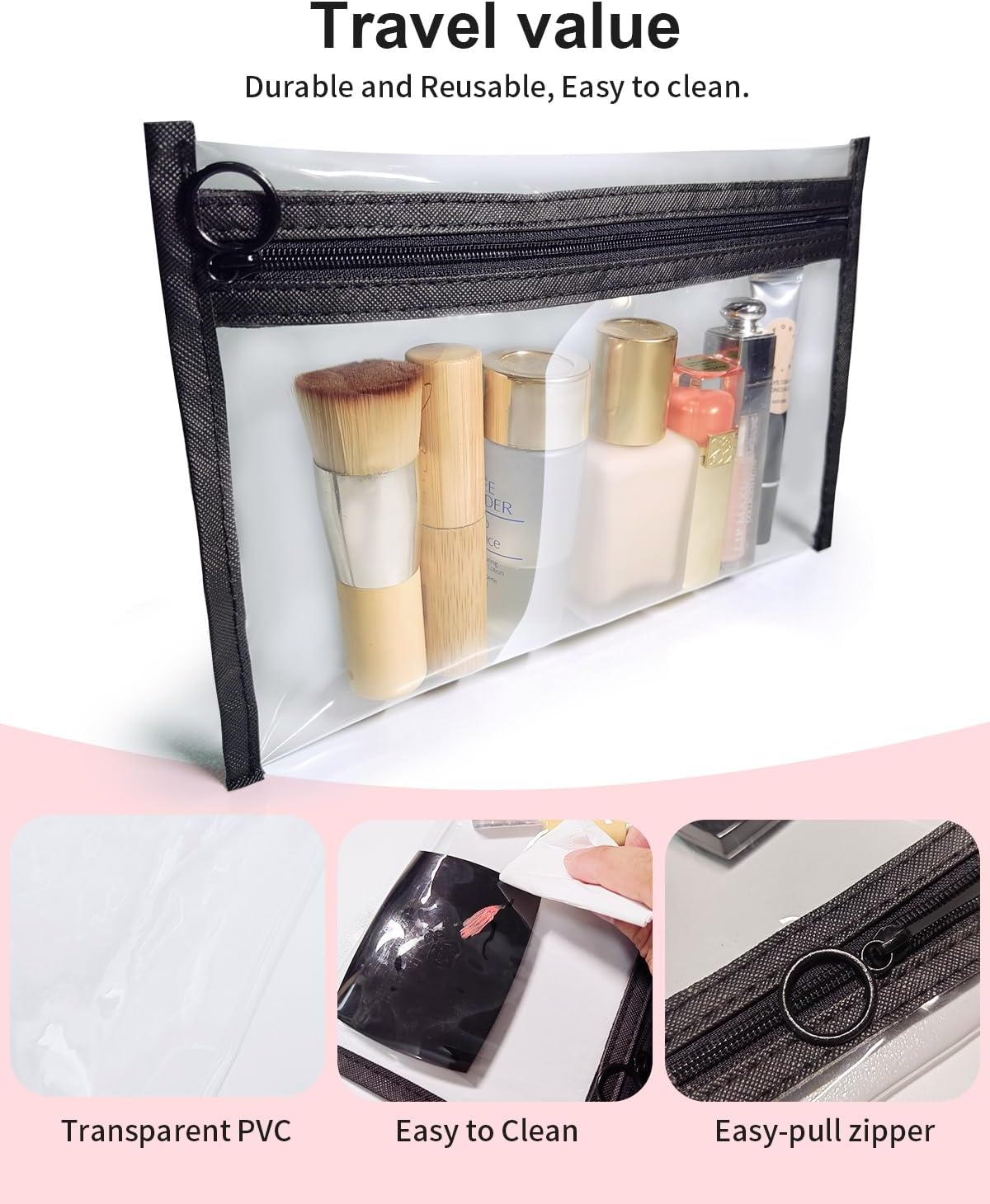 Clear Makeup Bags, 3 Pack Small Cosmetic Toiletry Bags with Zipper, PVC Clear Travel Bags for Women and Men Travel Airport Organizing, Black