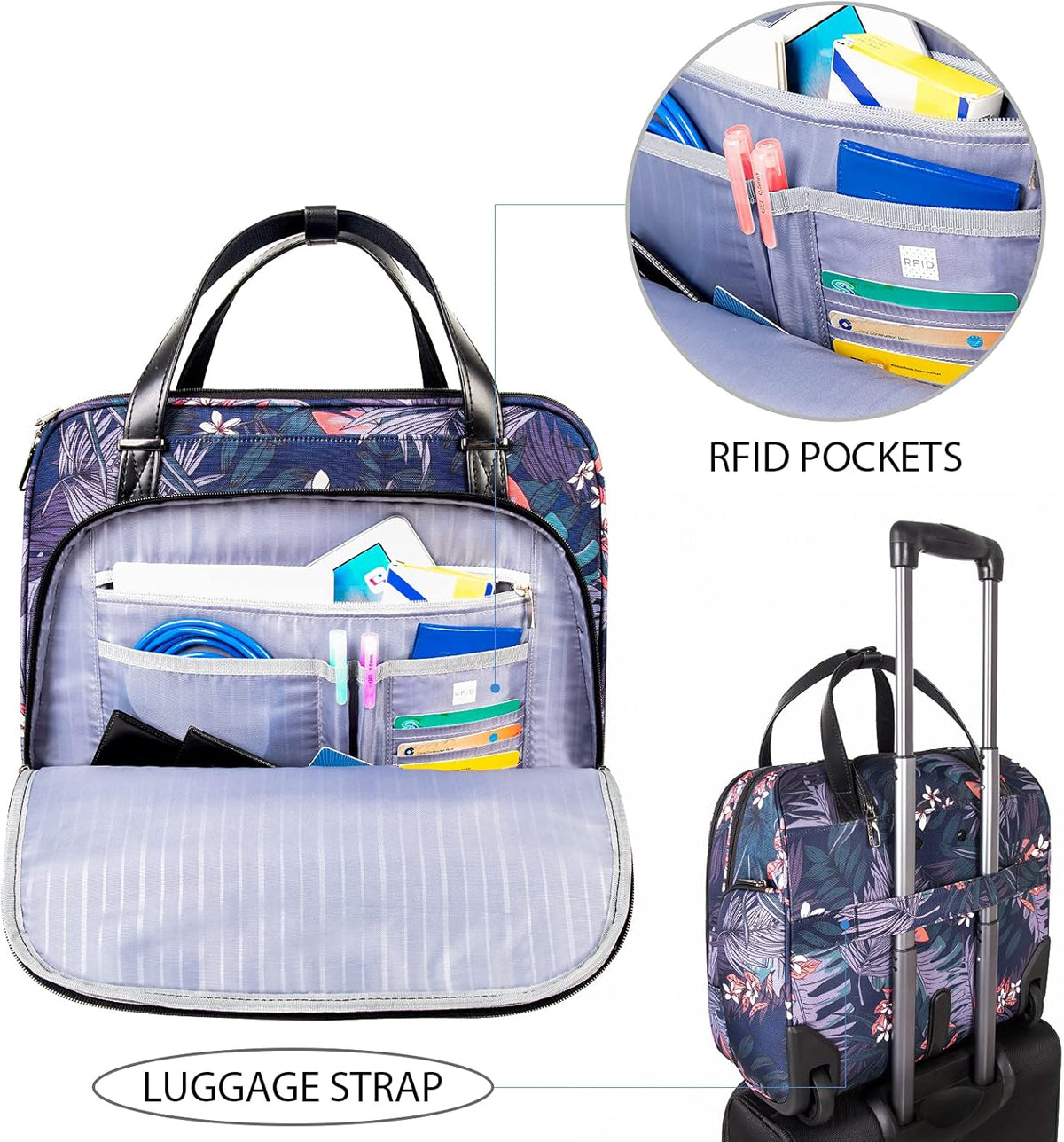 Rolling Laptop Bag for Women with Wheels, 15.6 Inch Water Repellent Overnight Computer Bag with RFID Pockets for Travel Business Work, Black