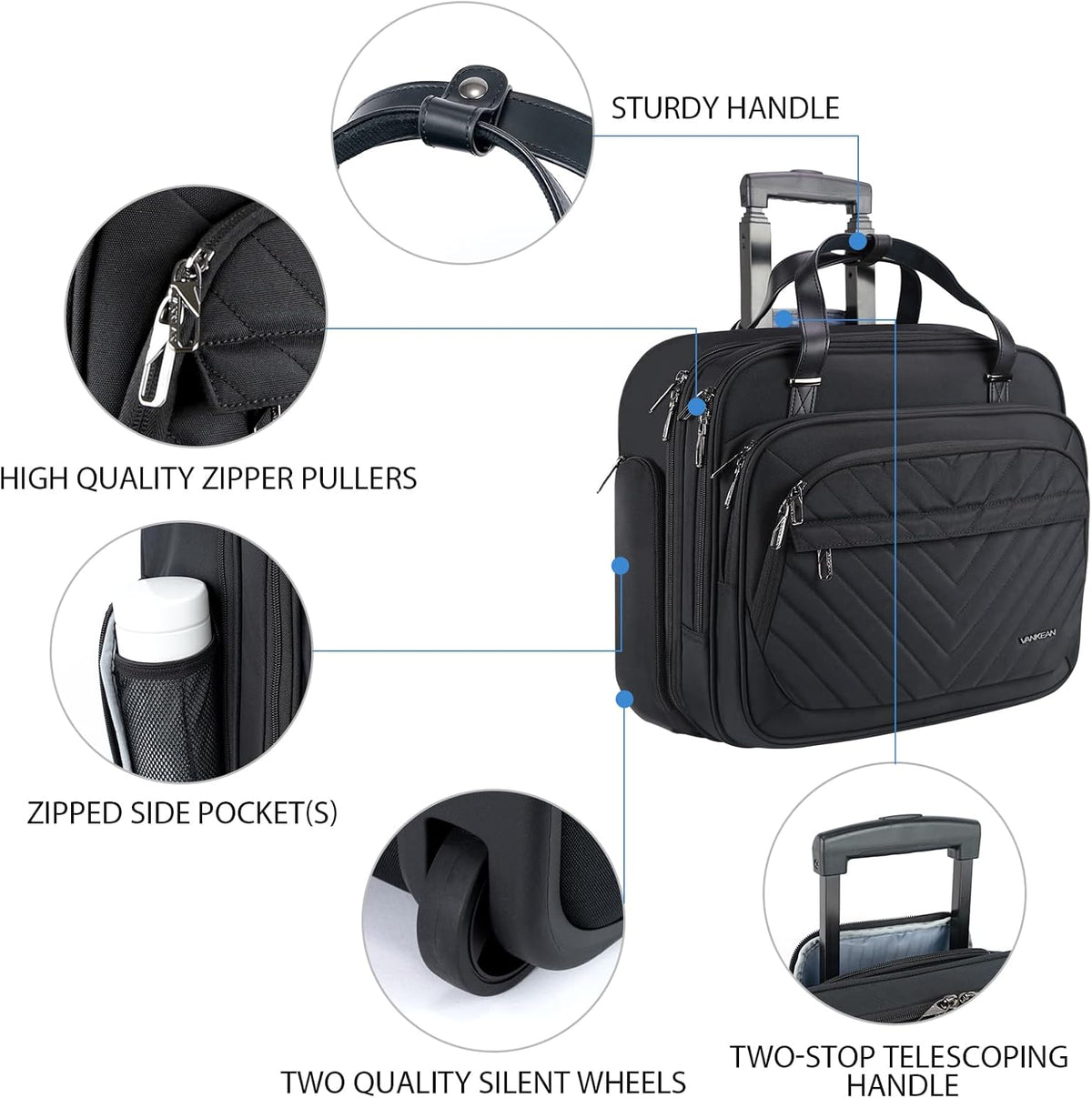 Rolling Laptop Bag for Women with Wheels, 15.6 Inch Water Repellent Overnight Computer Bag with RFID Pockets for Travel Business Work, Black