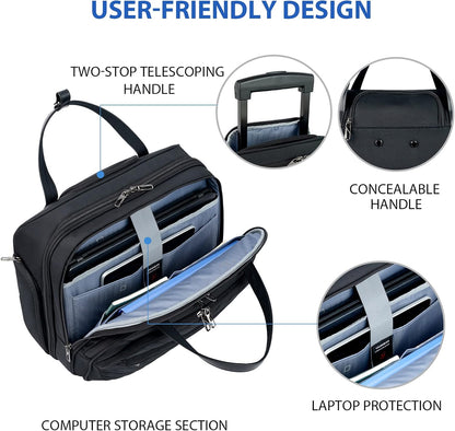Rolling Laptop Bag for Women with Wheels, 15.6 Inch Water Repellent Overnight Computer Bag with RFID Pockets for Travel Business Work, Black