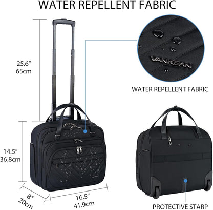Rolling Laptop Bag for Women with Wheels, 15.6 Inch Water Repellent Overnight Computer Bag with RFID Pockets for Travel Business Work, Black